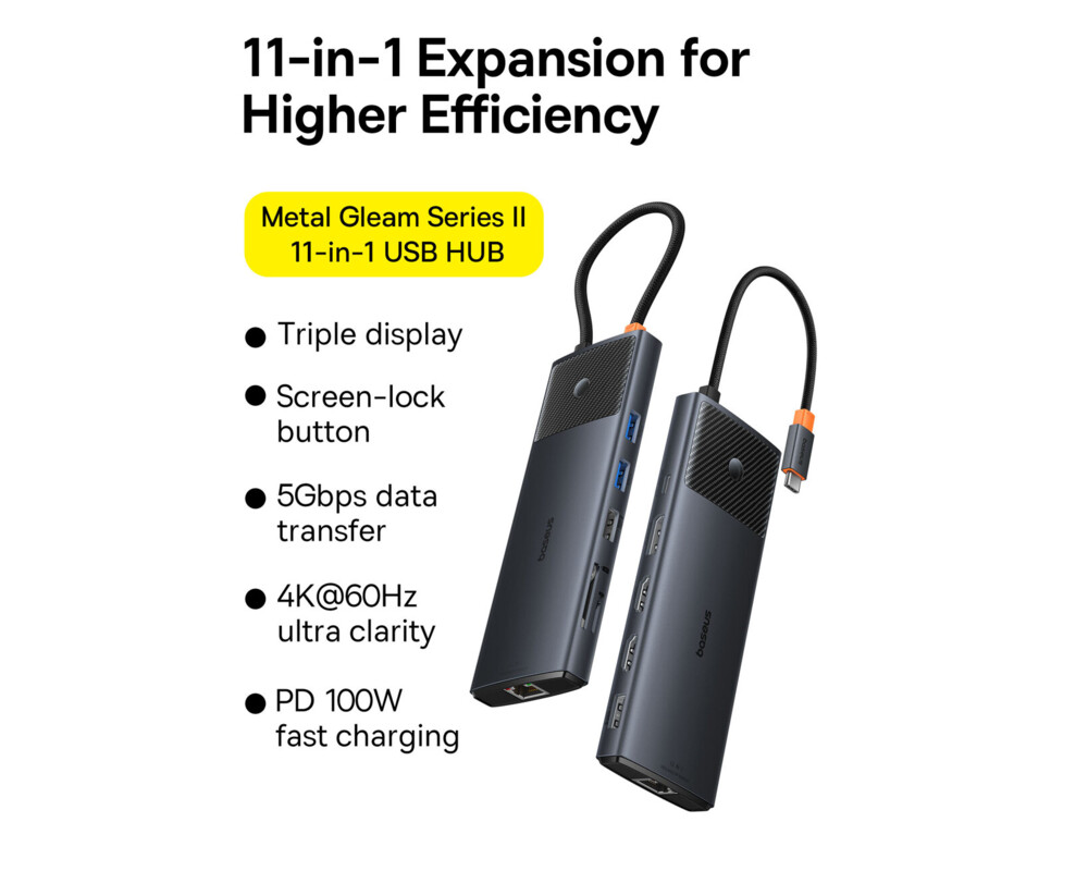 USB хъб Baseus Metal Gleam Series II 11-в-1 USB Type C към HDMI, DisplayPorts, USB-A x 2, USB-C PD, SD/TF B00061801123-00 4