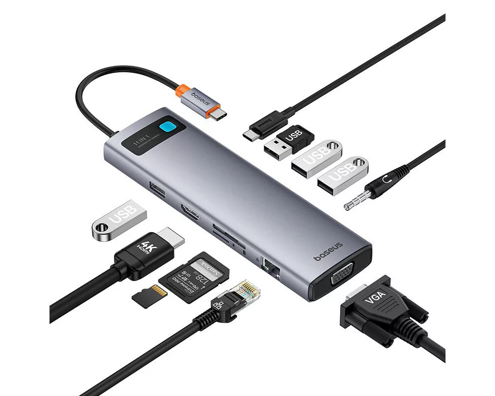 USB хъб Baseus 11 в 1 StarJoy Metal Glam Series Type-C към HDMI +VGA + 3 x USB 3.0 + USB 2.0+USB-C PD + RJ45 + SD/TF +3,5мм B00030709811-00 - тъмносив 4