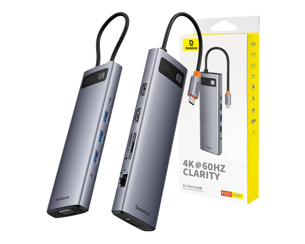 USB хъб Baseus 11 в 1 StarJoy Metal Glam Series Type-C към HDMI +VGA + 3 x USB 3.0 + USB 2.0+USB-C PD + RJ45 + SD/TF +3,5мм B00030709811-00 - тъмносив 7