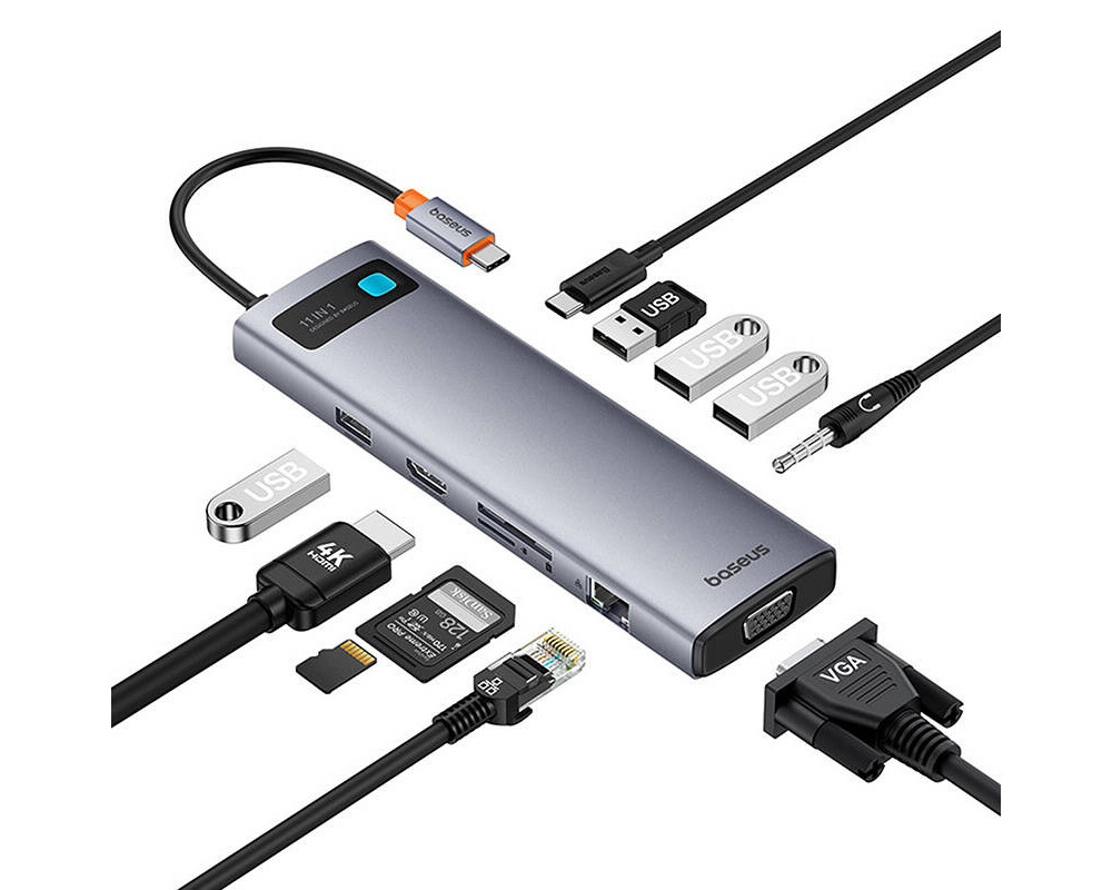 USB хъб Baseus 11 в 1 StarJoy Metal Glam Series Type-C към HDMI +VGA + 3 x USB 3.0 + USB 2.0+USB-C PD + RJ45 + SD/TF +3,5мм B00030709811-00 - тъмносив 2