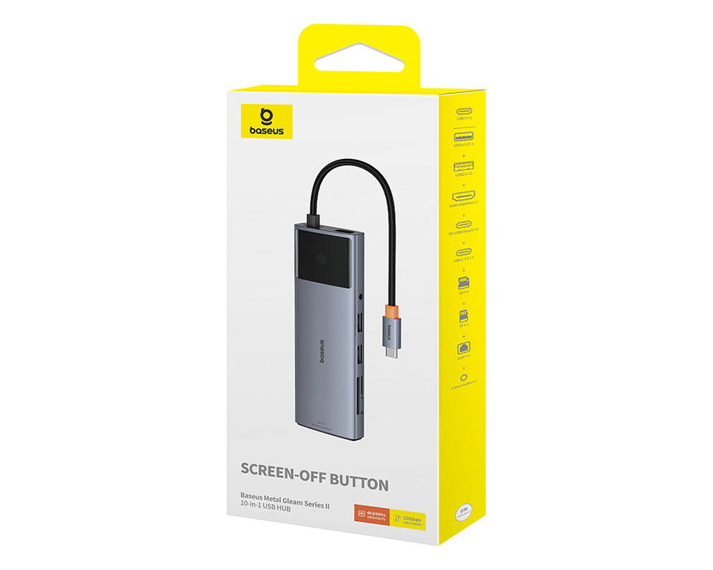 USB хъб Baseus 10 в 1 Metal Gleam II Series Type-C към 1xHDMI, USB-A (10Gbps), USB-C, 2xUSB-A, RJ45, SD/TF, mini-jack 3,5 мм, USB-C(PD) B00061800813-00 - тъмносив 2