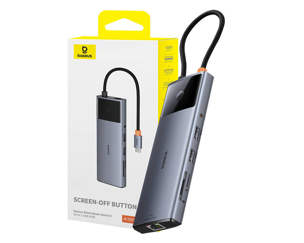 USB хъб Baseus 10 в 1 Metal Gleam II Series Type-C към 1xHDMI, USB-A (10Gbps), USB-C, 2xUSB-A, RJ45, SD/TF, mini-jack 3,5 мм, USB-C(PD) B00061800813-00 - тъмносив 4