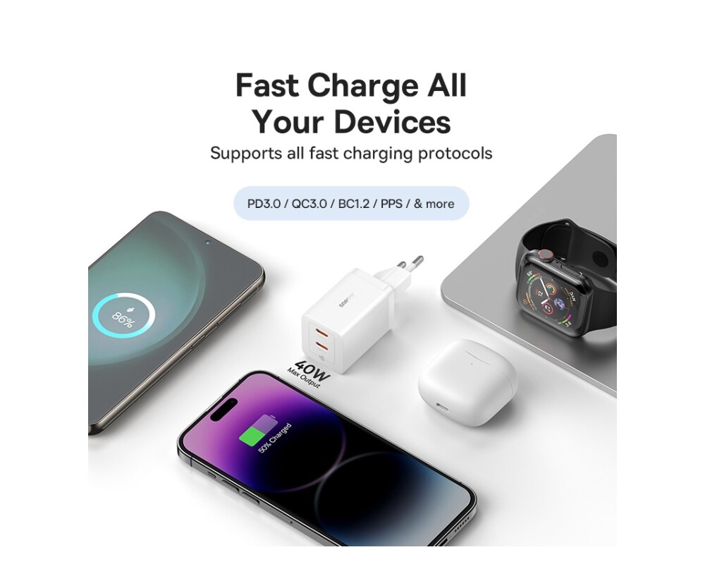 Зарядно Baseus 40W, 2xUSB-C, GaN 5 CCGP180102 - бяло 7