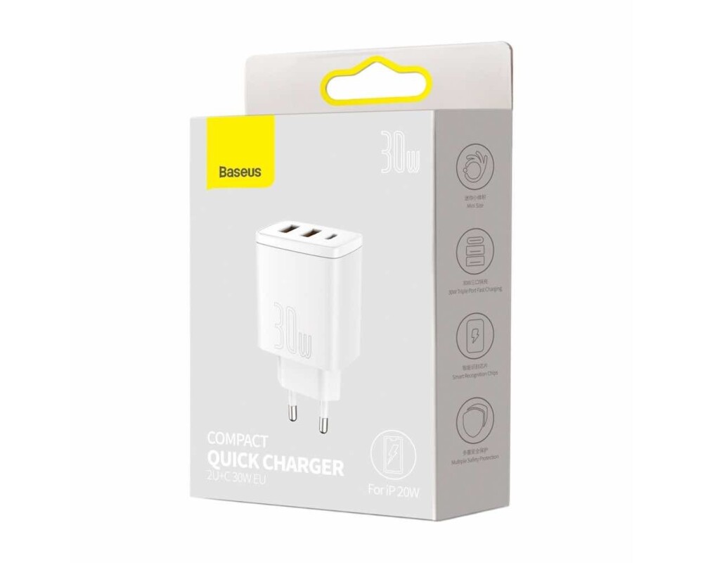 Зарядно Baseus CCXJ-E02 Compact Quick Wall Charger с 2хUSB-A и USB-C 30W бял 6