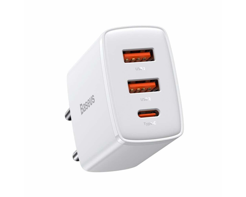 Зарядно Baseus CCXJ-E02 Compact Quick Wall Charger с 2хUSB-A и USB-C 30W бял