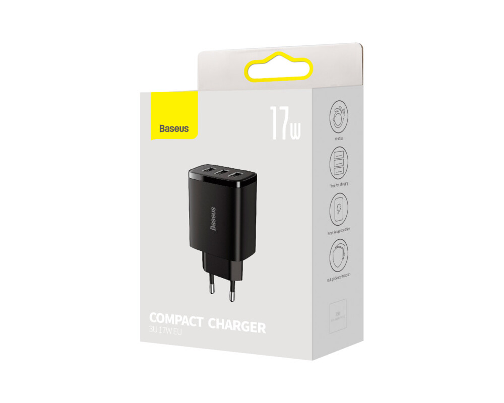Зарядно Baseus Compact CCXJ020101 с USB троен порт 17W черно 6