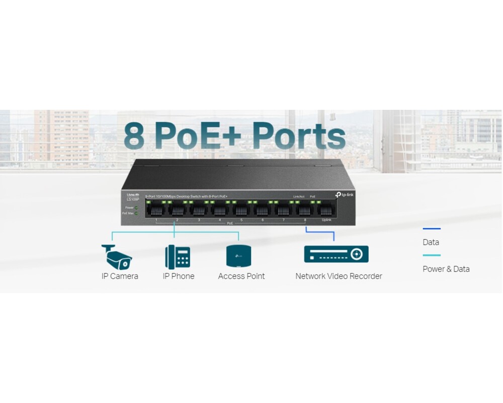 Switch (Комутатор) TP-Link LS109P 9-портов 10/100Mbps с 8-портов PoE+ 5