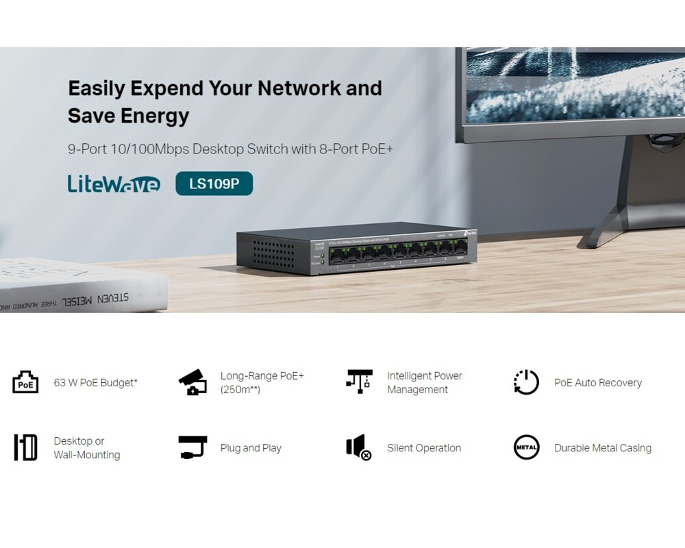 Switch (Комутатор) TP-Link LS109P 9-портов 10/100Mbps с 8-портов PoE+ 9