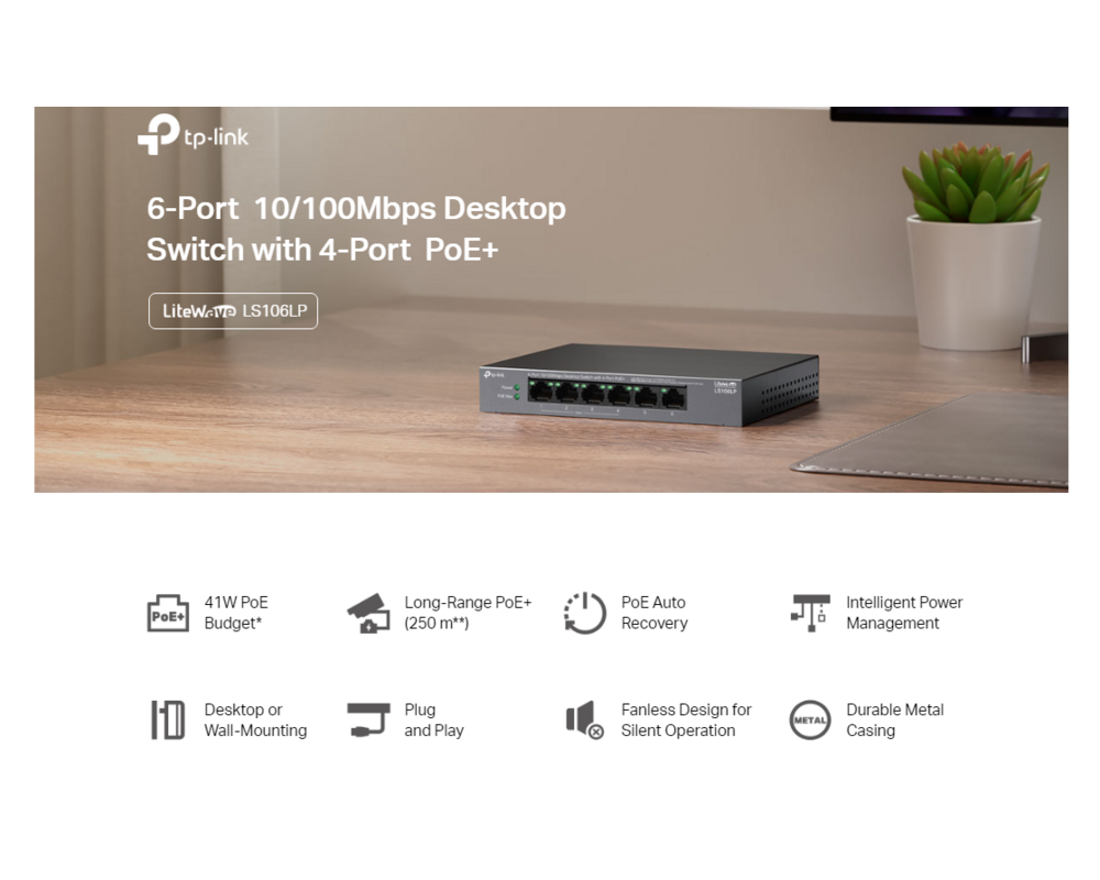 Switch (Комутатор) TP-Link LS106LP 6-портов 10/100 Mbps с 4-портов PoE+ 9