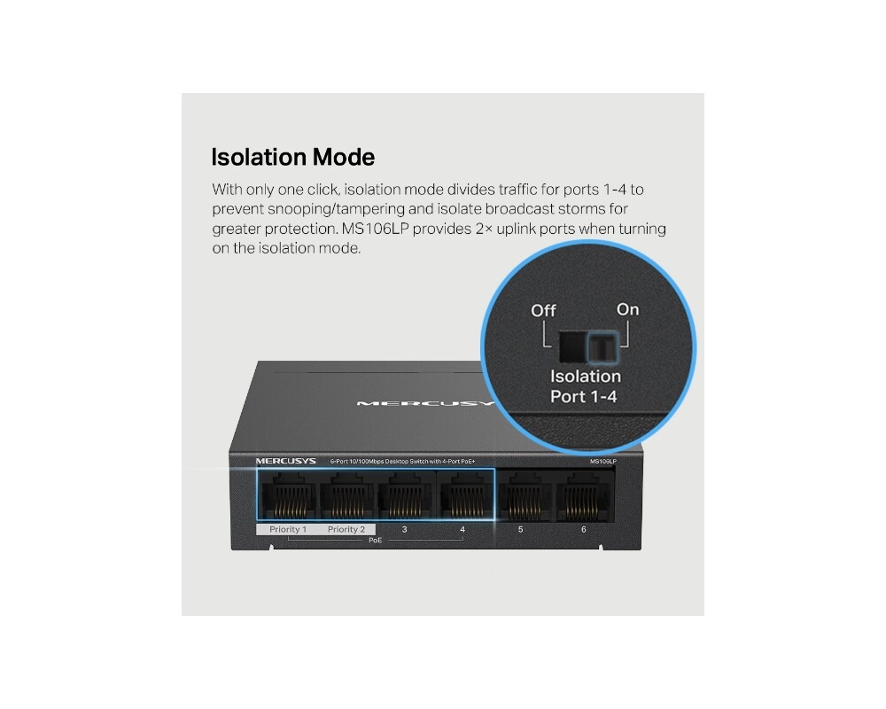 Switch (Комутатор) Mercusys MS106LP 10/100 Mbps със 4 PoE+ порта 7