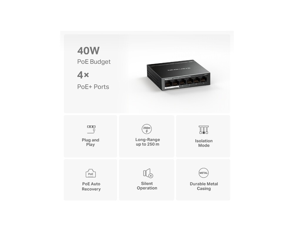 Switch (Комутатор) Mercusys MS106LP 10/100 Mbps със 4 PoE+ порта 4