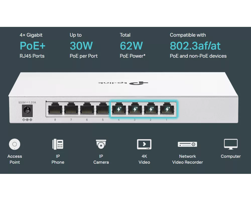 Switch (Комутатор) TP Link Festa FS308GP 8-портов Gigabit Smart Switch с 4-портов PoE+ 6