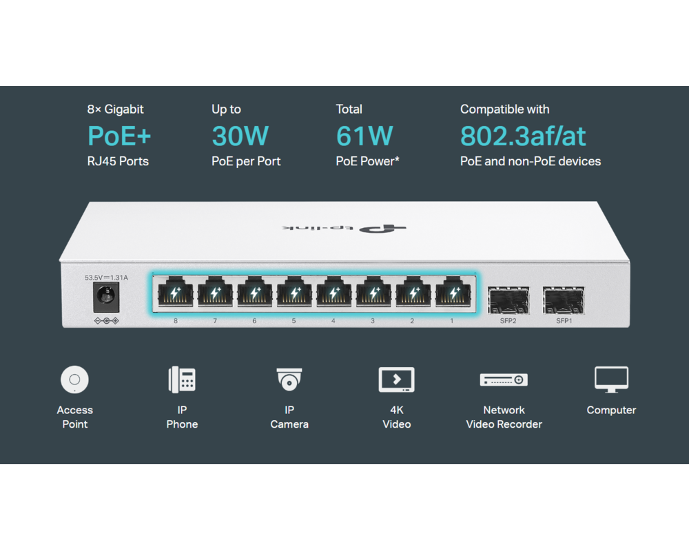 Switch (Комутатор) TP Link Festa FS310GP 10-портов Gigabit Smart Switch с 8-портов PoE+ 12