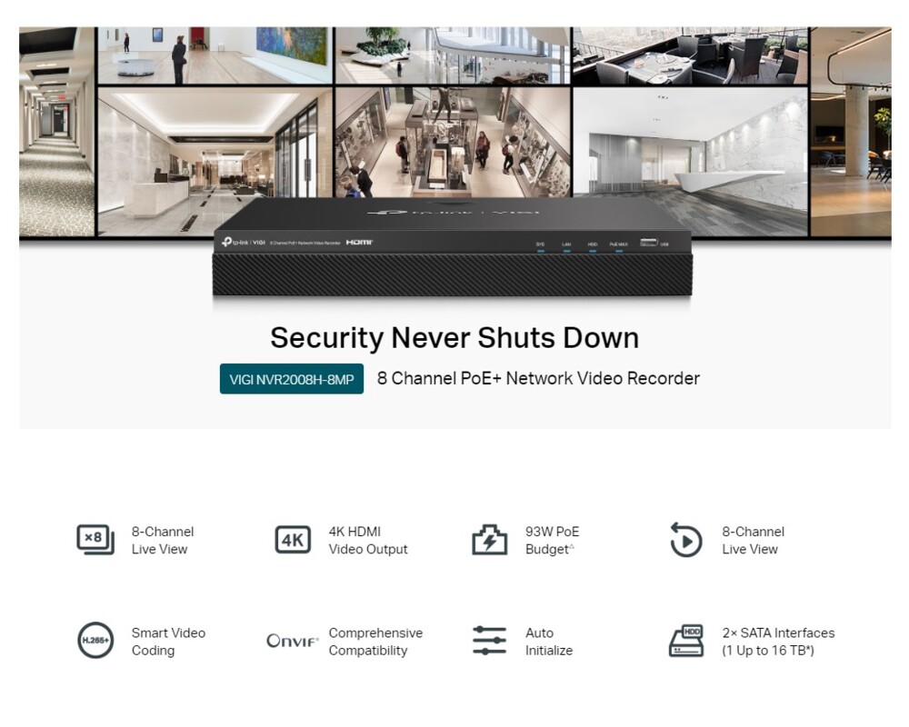 NVR - Цифрово записващо у-во TP-Link VIGI NVR2008H-8MP 8-канален PoE+ 6