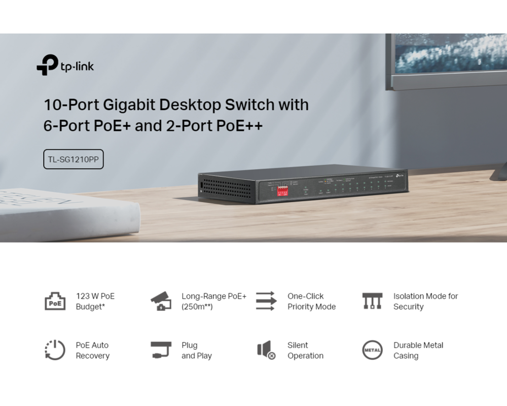 Switch (Комутатор) TP-Link TL-SG1210PP с 6-порта PoE+ и 2-порта PoE++ 6