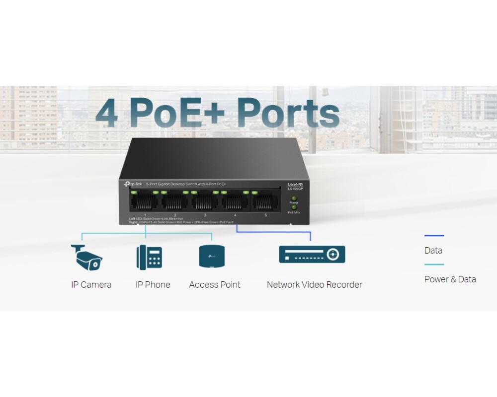 Switch (Комутатор) TP-Link LS105GP с 4-порта PoE+ 6
