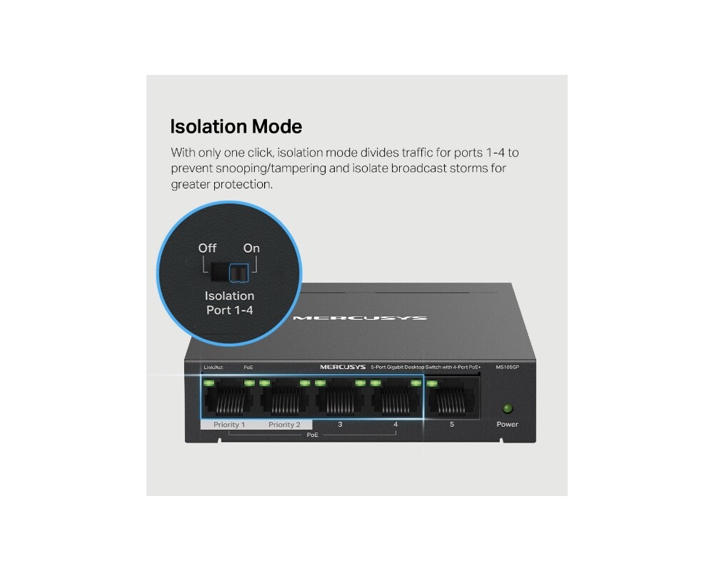 Switch (Комутатор) Mercusys MS105GP със 4 PoE+ порта 7