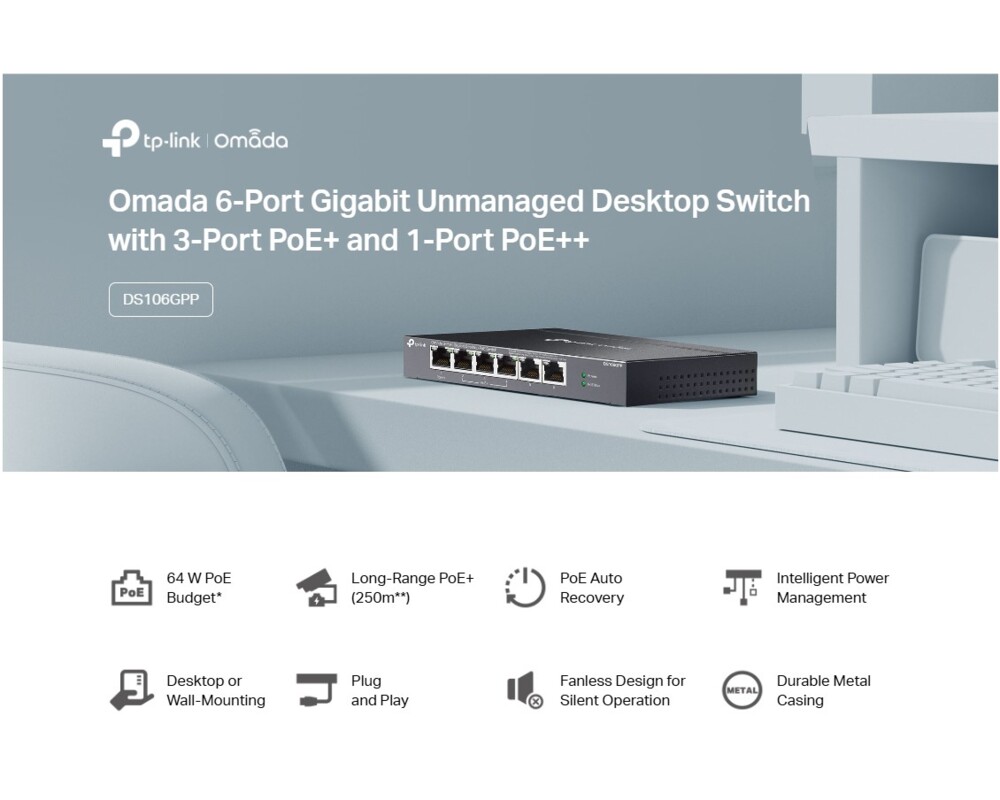 Switch (Комутатор) TP-Link Omada DS106GPP с 3-портов PoE+ и 1-портов PoE++ 6