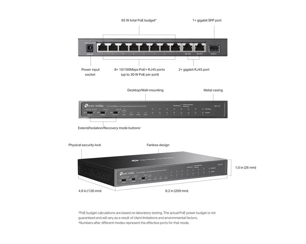Switch (Комутатор) TP-Link Omada DS111P 8-порта 10/100Mbps + 3-порта Gigabit с 8-порта PoE+ 12