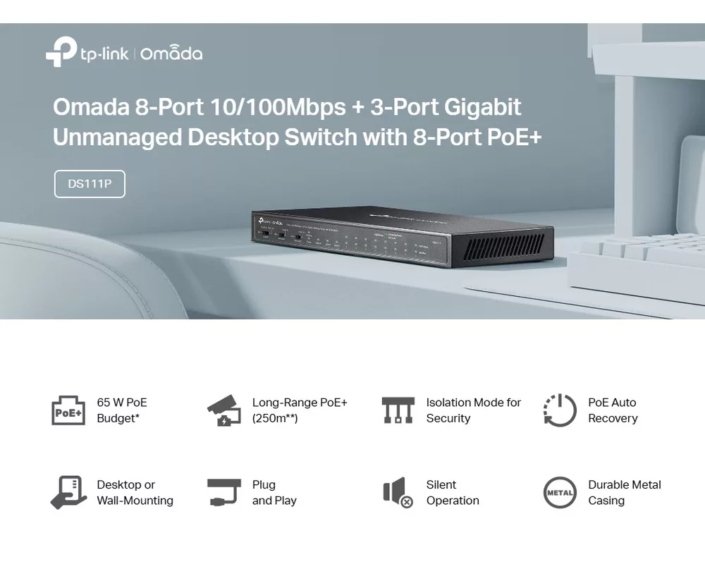 Switch (Комутатор) TP-Link Omada DS111P 8-порта 10/100Mbps + 3-порта Gigabit с 8-порта PoE+ 6
