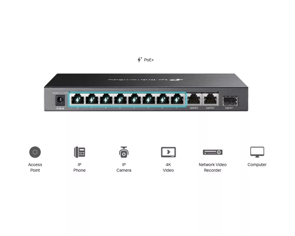 Switch (Комутатор) TP-Link Omada DS111P 8-порта 10/100Mbps + 3-порта Gigabit с 8-порта PoE+ 7