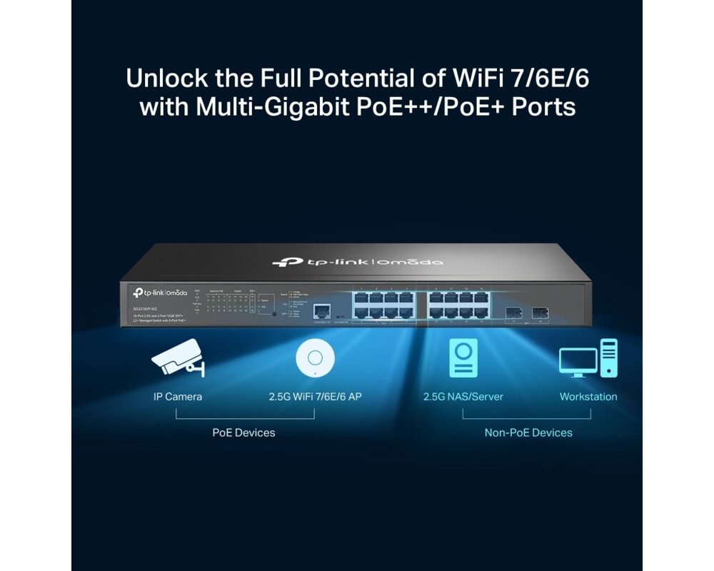 Switch (Комутатор) TP-Link Omada SG3218XP-M2 2.5G и 2-порта 10GE SFP+ L2+ управляем с 8-порта PoE+ 5