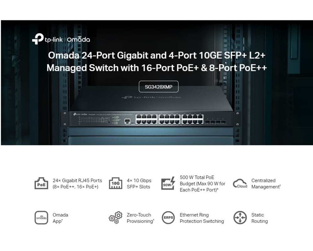 Switch (Комутатор) 24-портов гигабитов и 4-портов 10GE SFP+ L2+ управляван комутатор TP Link Omada SG3428XMPP с 16-портов PoE+ и 8-портов PoE++ 7