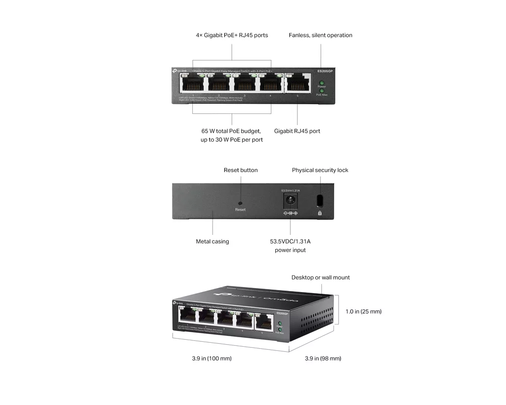 Switch (Комутатор) TP-Link Omada ES205GP с 4-порта PoE+ 11
