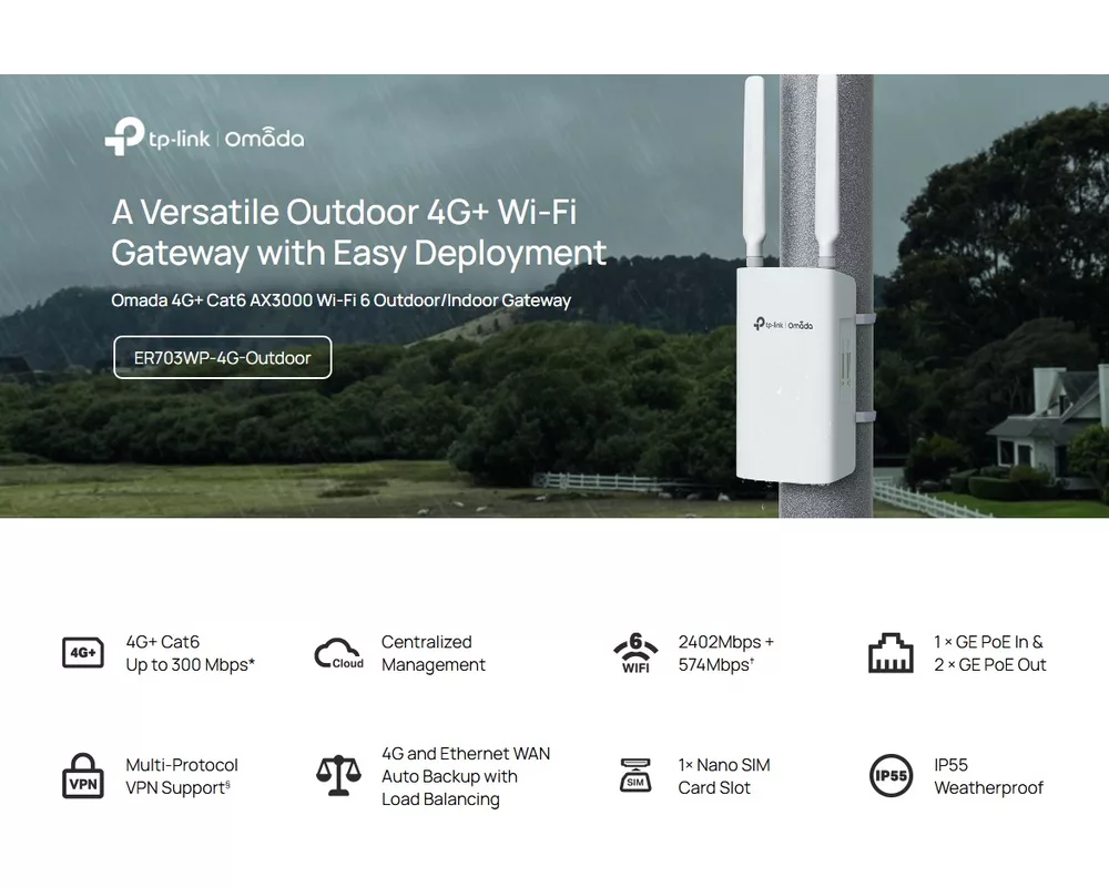 Рутер TP-Link Omada ER703WP-4G-Outdoor Gateway 4G+ Cat6 AX3000 Wi-Fi 6 12