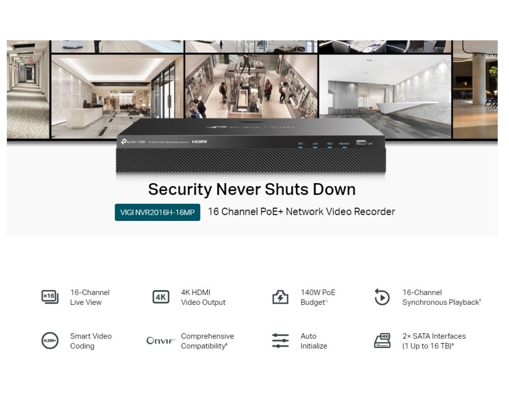 NVR - Цифрово записващо у-во TP-Link VIGI NVR2016H-16MP 8