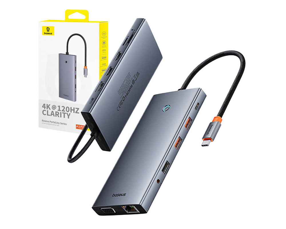 USB хъб Baseus 13 в 1 PortalJoy Series Type-C към HDMI+DP+VGA+C+USB+PD+RJ45+SD/TF+3.5мм B00053002811-01 - тъмносив 9