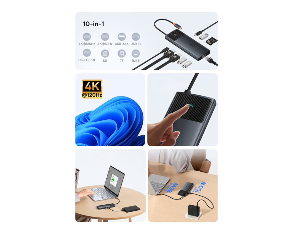USB хъб Baseus 10 в 1 Metal Gleam Series USB-C към USB-C PD / USB-C / 3x USB-A / 2x HDMI / RJ-45 / SD / TF B00061800123-00 - черен 9