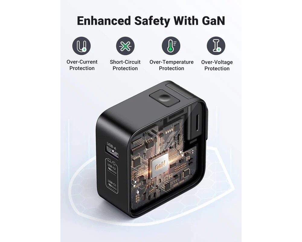 Зарядно Ugreen CD296 90409, 220V 2xUSB C,1xUSB,65W, с адаптери за US,UK,EU 7