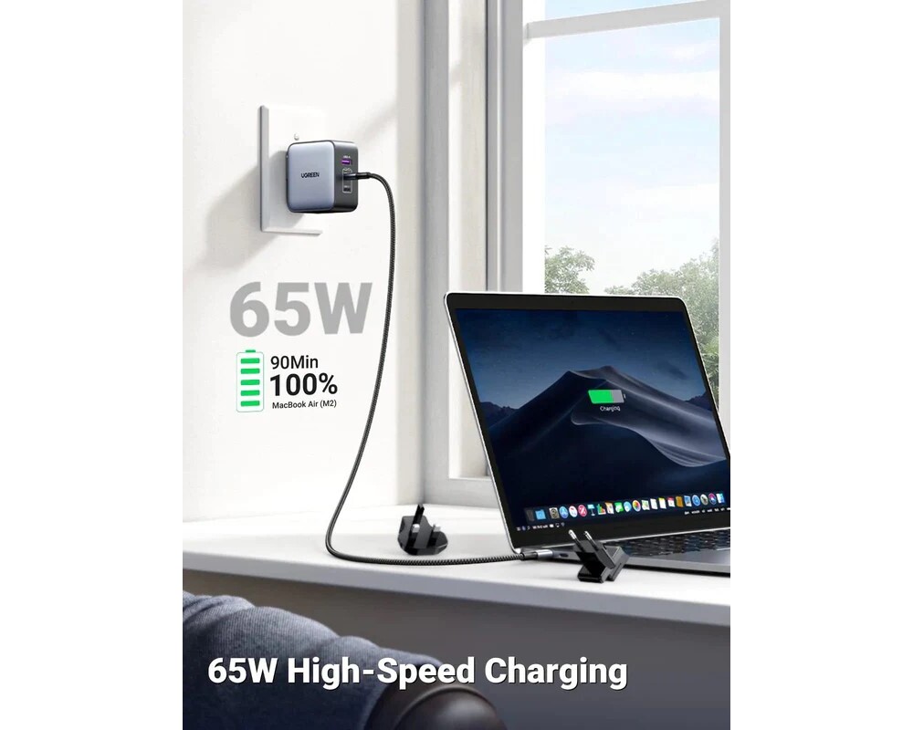 Зарядно Ugreen CD296 90409, 220V 2xUSB C,1xUSB,65W, с адаптери за US,UK,EU 2