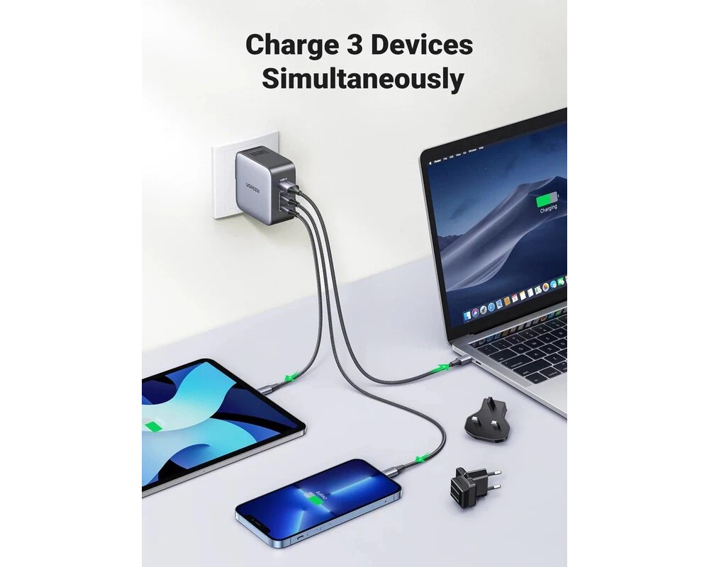 Зарядно Ugreen CD296 90409, 220V 2xUSB C,1xUSB,65W, с адаптери за US,UK,EU 3