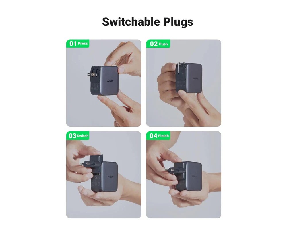 Зарядно Ugreen CD296 90409, 220V 2xUSB C,1xUSB,65W, с адаптери за US,UK,EU 6