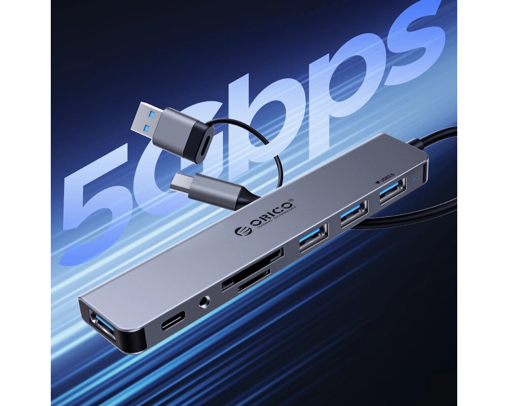 USB хъб Докинг станция Orico YSA8-U3 USB-A/USB-C Hub 3xUSB-A 2.0 + 1x USB-A 3.0 + 1x USB-C 2.0 + 1x 3.5mm Audio + 2x TF&SD - сив 6