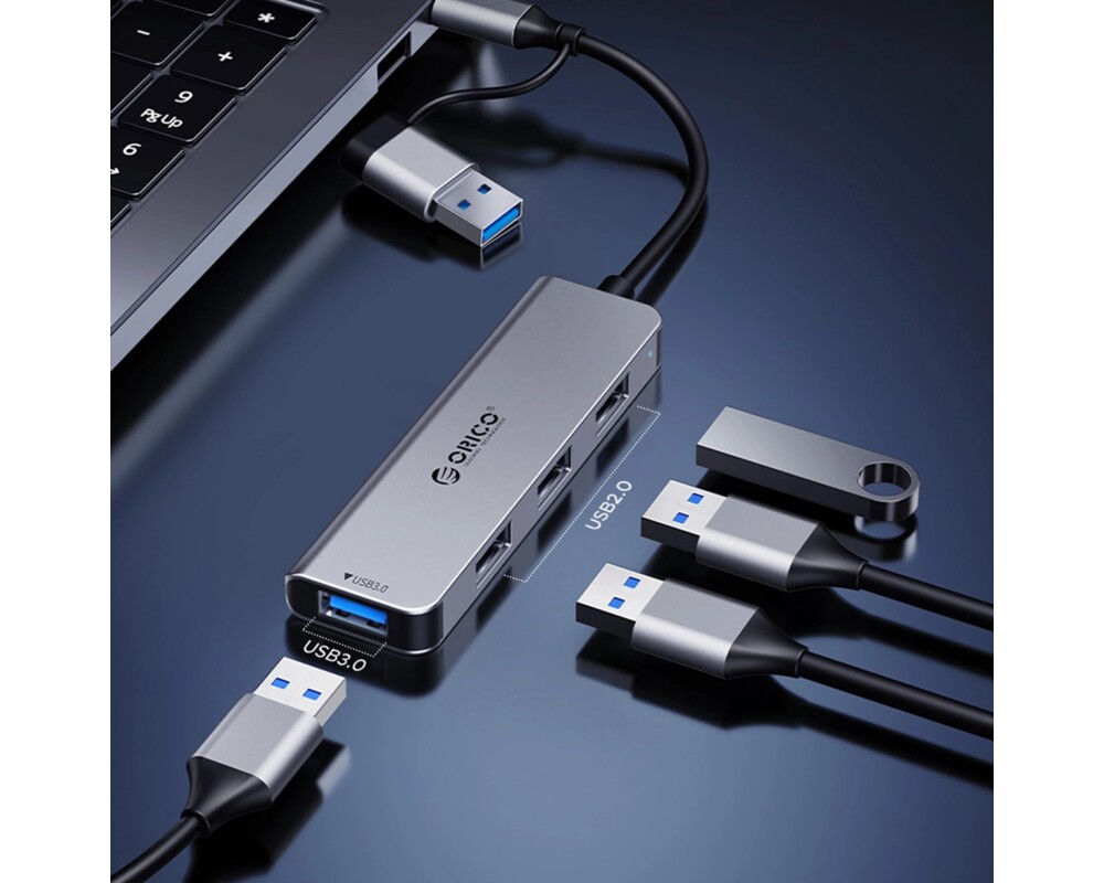 USB хъб Докинг станция Orico YSA8-U3 USB-A/USB-C Hub 3xUSB-A 2.0 + 1x USB-A 3.0 + 1x USB-C 2.0 + 1x 3.5mm Audio + 2x TF&SD - сив 3