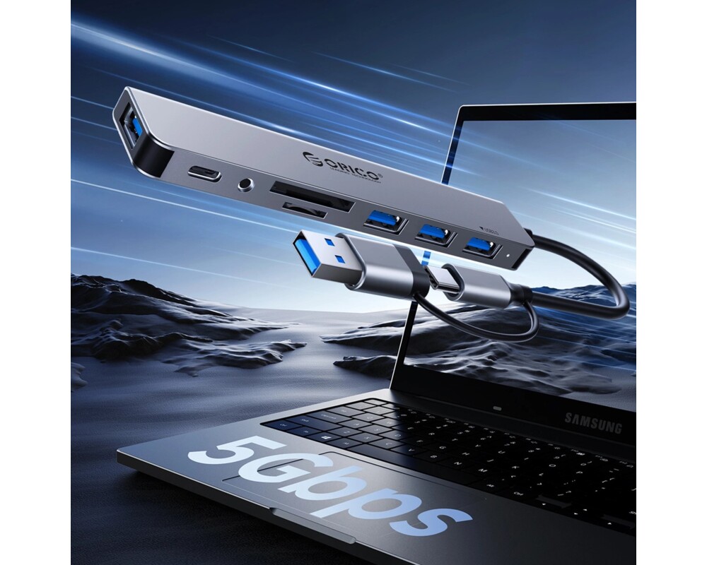 USB хъб Докинг станция Orico YSA8-U3 USB-A/USB-C Hub 3xUSB-A 2.0 + 1x USB-A 3.0 + 1x USB-C 2.0 + 1x 3.5mm Audio + 2x TF&SD - сив 5