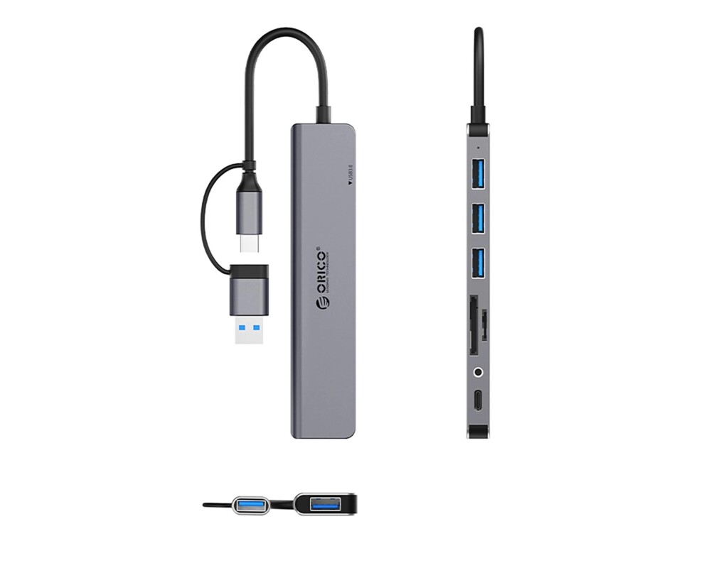 USB хъб Докинг станция Orico YSA8-U3 USB-A/USB-C Hub 3xUSB-A 2.0 + 1x USB-A 3.0 + 1x USB-C 2.0 + 1x 3.5mm Audio + 2x TF&SD - сив 2