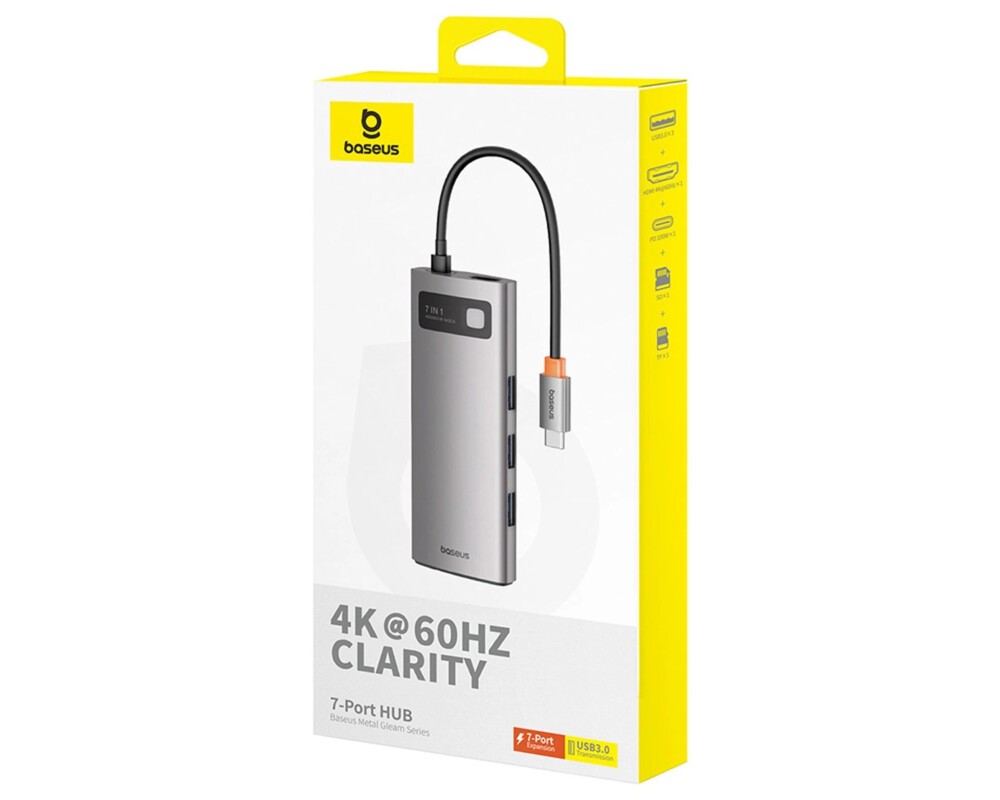 USB хъб Baseus Metal Gleam B00030708811-01 7-в-1 USB-C (HDMI 4K@60Hz / 3×USB 3.0 / USB-C PD 100W / SD / microSD) - сив 8