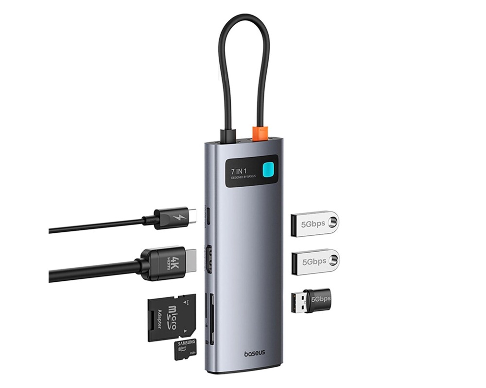 USB хъб Baseus Metal Gleam B00030708811-01 7-в-1 USB-C (HDMI 4K@60Hz / 3×USB 3.0 / USB-C PD 100W / SD / microSD) - сив 5