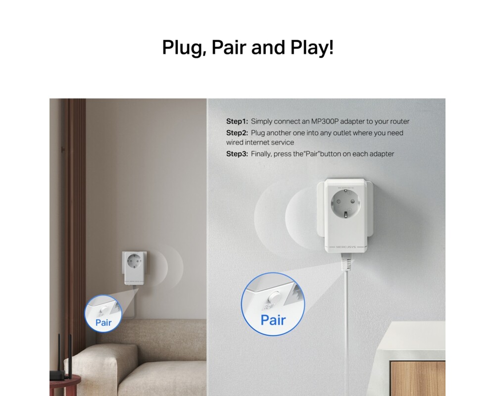 Powerline адаптер Mercusys MP300P KIT AV600 4