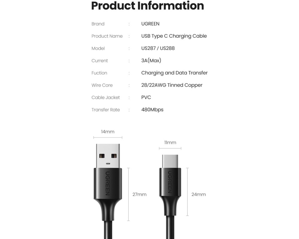 Кабел Ugreen - US287 (60116) USB-A / USB-C – 3A, 1м - черен 7