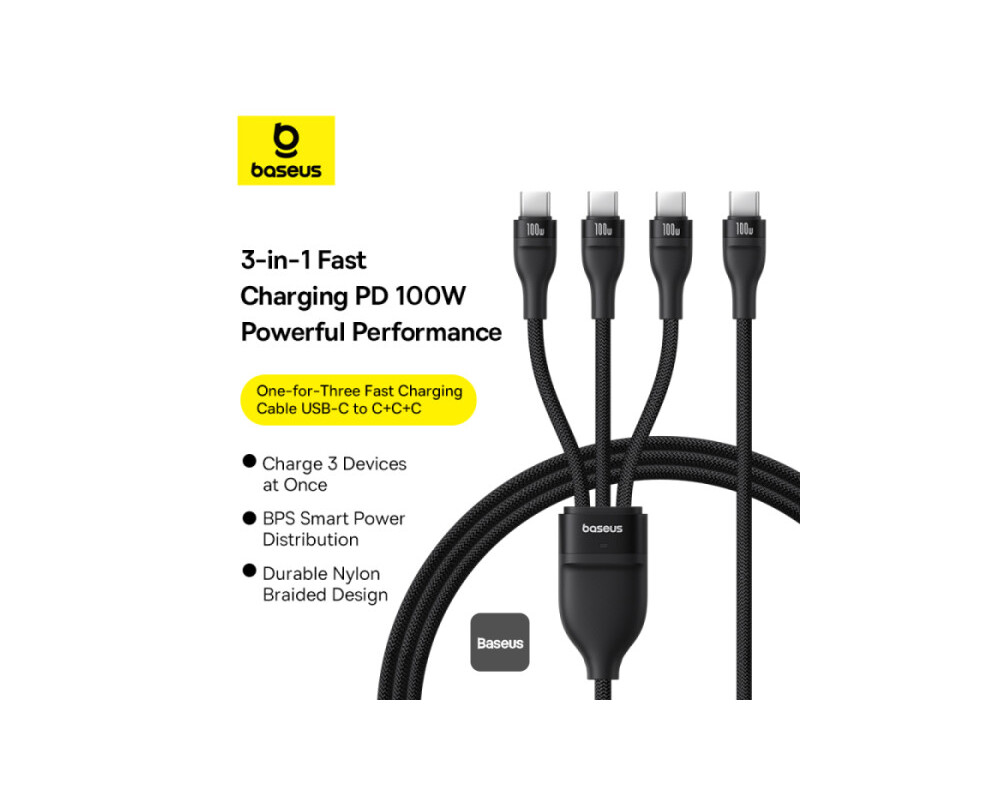 Кабел Baseus Flash Series Type-C към 3x USB-C, 100W, 1.5м P10377503111-00 - черен 3