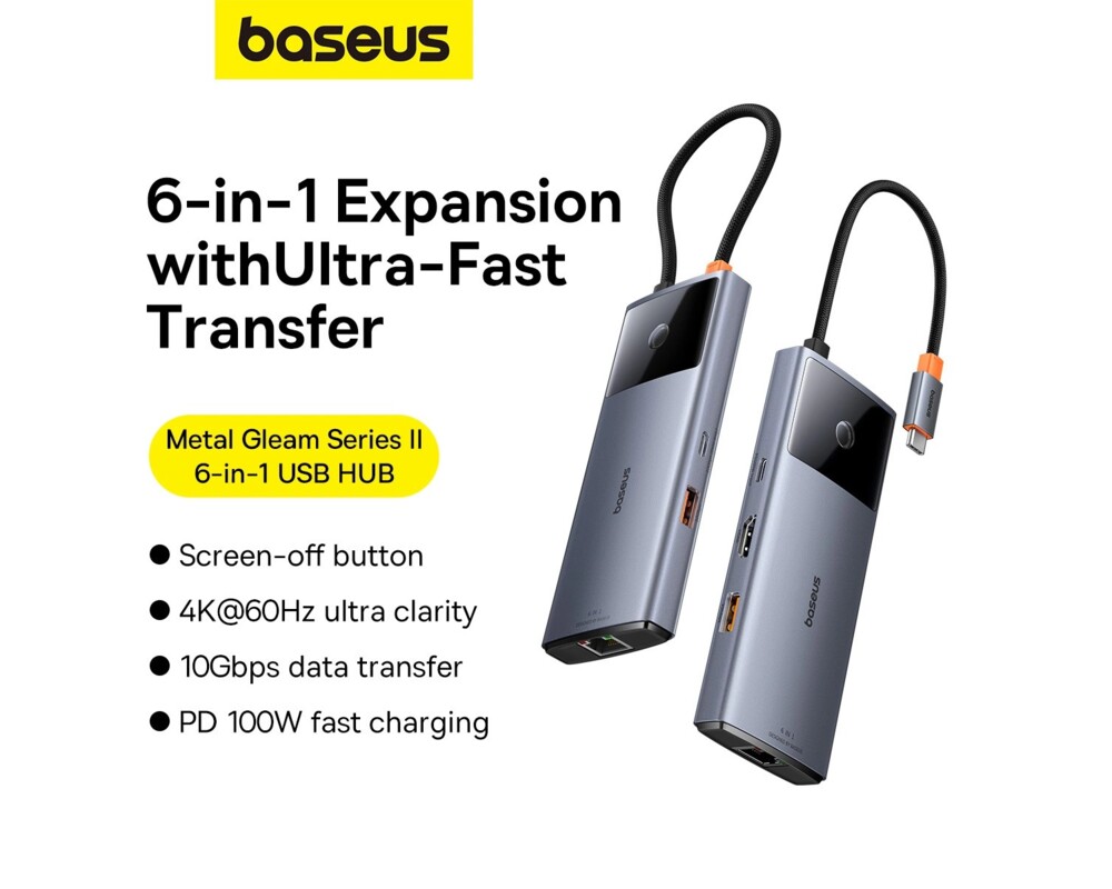 USB хъб Baseus Metal Gleam Series II 155478 6-в-1 USB-A/USB-C/USB-C PD/HDMI/RJ45 - черен 12