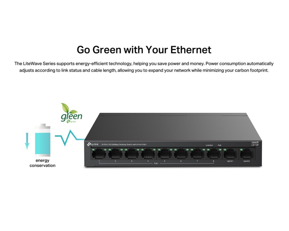 Switch (Комутатор) TP-Link LS110P с 8 PoE+ порта 10