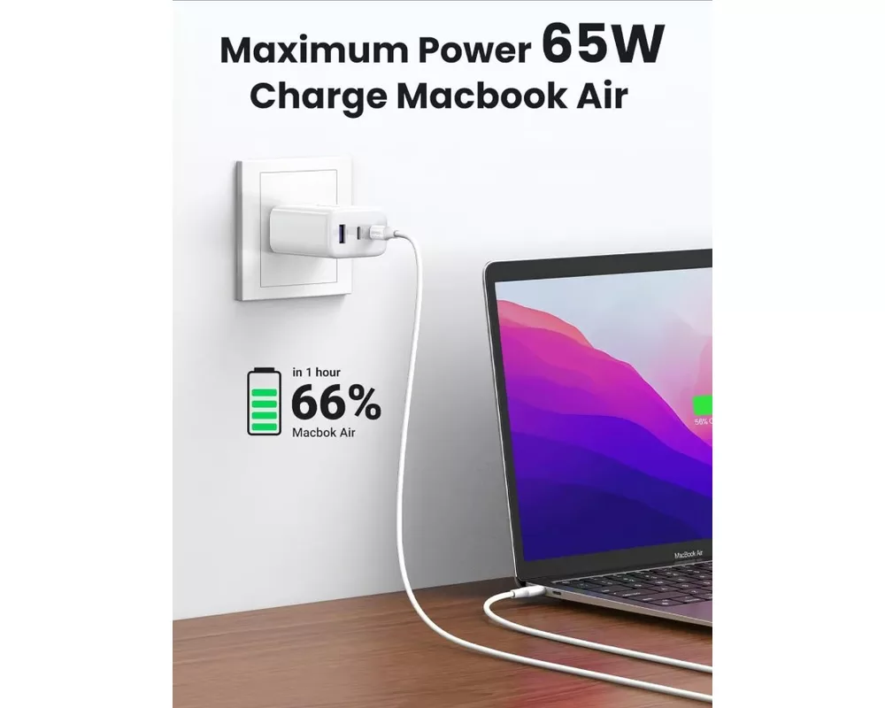 Зарядно Ugreen CD224 220V 2xUSB-C, 1xUSB A, GaN, 65W 15334 - бяло 4