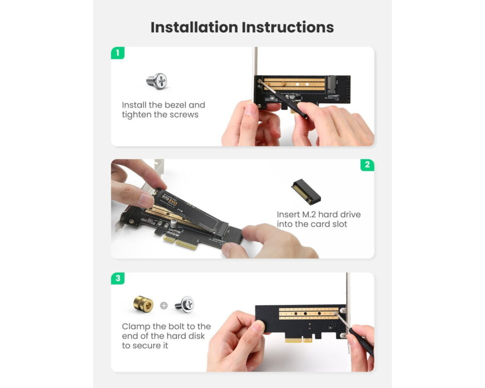 Мрежова карта Адаптер за разширителна карта Ugreen PCIe 3.0 x4 към SSD M.2 M-Key / M.2 B-Key CM302 - черен 7 Мрежова карта Адаптер за разширителна карта Ugreen PCIe 3.0 x4 към SSD M.2 M-Key / M.2 B-Key CM302 - черен 7