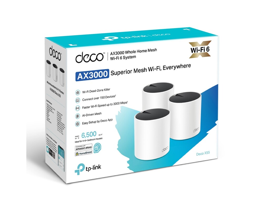 Рутер Безжична Wi-fi 6 Mesh система TP-Link Deco X55(3-pack) AX3000 6 Рутер Безжична Wi-fi 6 Mesh система TP-Link Deco X55(3-pack) AX3000 6